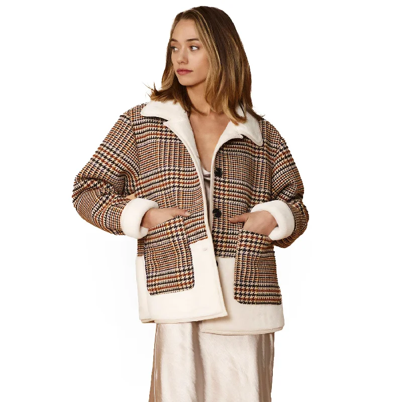 Women's Plaid Fur Jacket in Rust Houndstooth