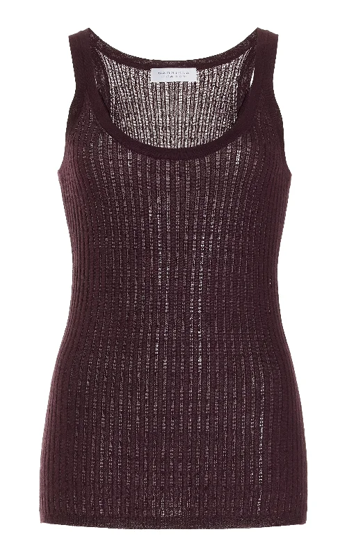 Knitted FloralNevin Pointelle Knit Tank Top in Deep Bordeaux Cashmere Silk
